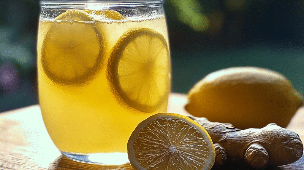 3 Ingredient Brazilian Mounjaro: The Viral Wellness Drink You Can Make at Home 5 Close-up of the 3 ingredient brazilian mounjaro sparkling ginger lemon drink with a lemon slice floating on top.