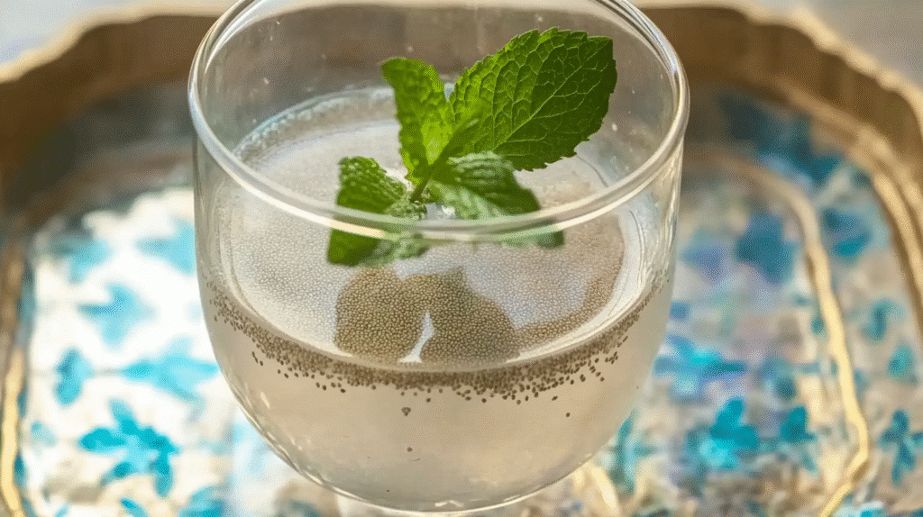 Bariatric Seed Trick: The Viral Weight Loss Hack That Actually Works? 4 Glass of bariatric seed trick with mint garnish on an ornate golden and blue patterned tray.