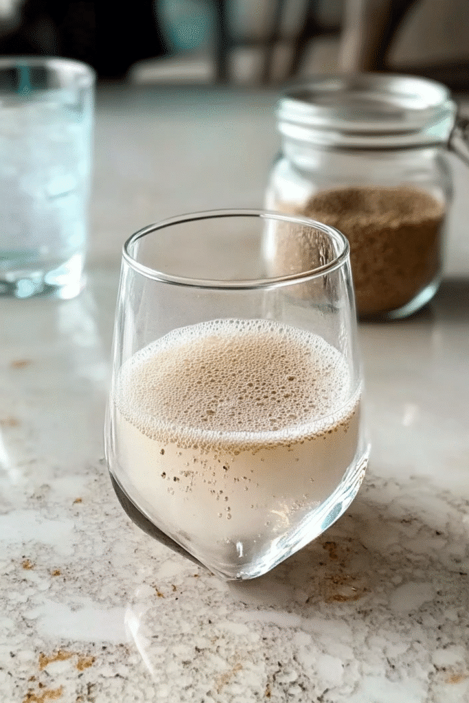 Bariatric Seed Trick: The Viral Weight Loss Hack That Actually Works? 6 Glass of bariatric seed water with visible seed sediment at the bottom, placed on a marble countertop.