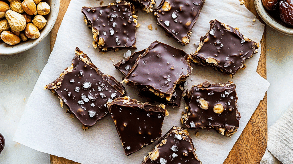 Top view of chocolate date bark squares with sea salt and peanuts on parchment paper.