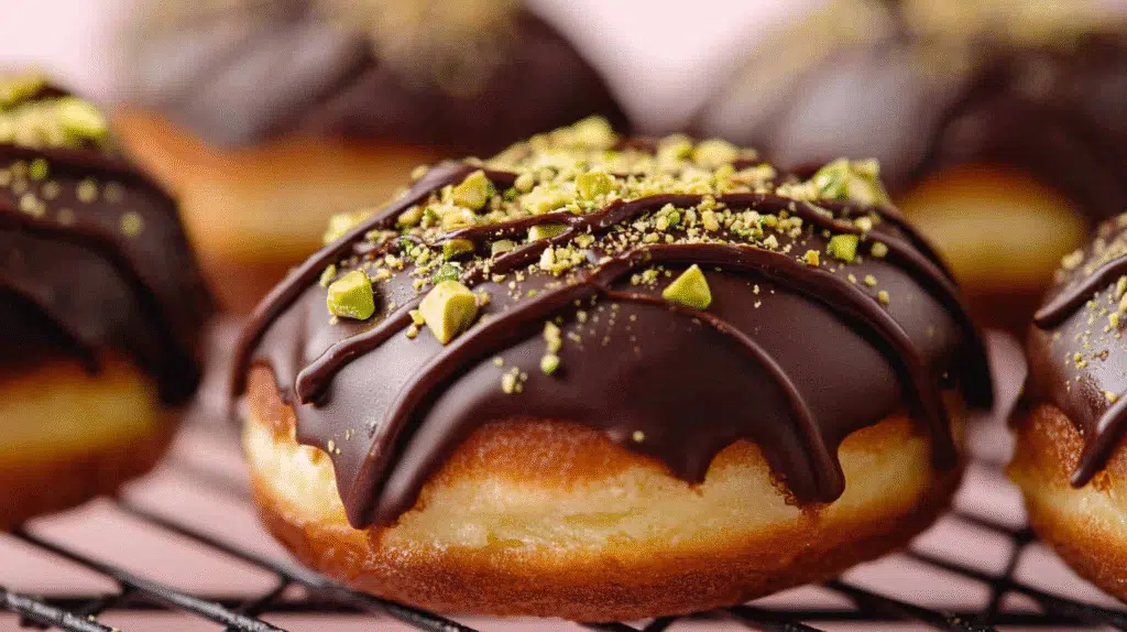 Dubai Chocolate Donut: The Ultimate Decadent Treat You Must Try 9 Close-up of a Dubai Chocolate Donut filled with pistachio cream and topped with chocolate glaze and crushed nuts.