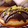 Close-up of a Dubai Chocolate Donut filled with pistachio cream and topped with chocolate glaze and crushed nuts.