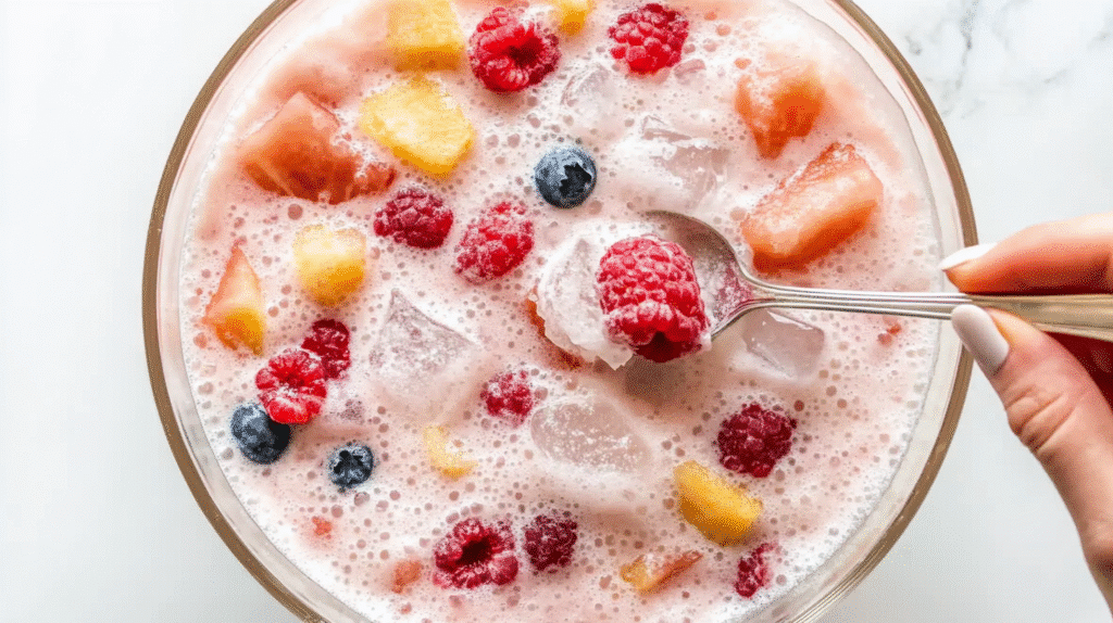 Hwachae Recipe: The Ultimate Korean Summer Punch Guide 4 Glass bowl of Korean hwachae recipe with a spoon holding colorful fruit and ice, set on a marble surface.