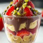 Strawberry Dubai Chocolate Cup: The Viral Dessert That’s Taking Over America 7 Glass dessert cup layered with fresh strawberries, creamy filling, chocolate drizzle, and chopped pistachios on top.