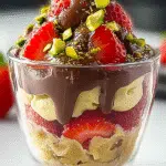Glass dessert cup layered with fresh strawberries, creamy filling, chocolate drizzle, and chopped pistachios on top.