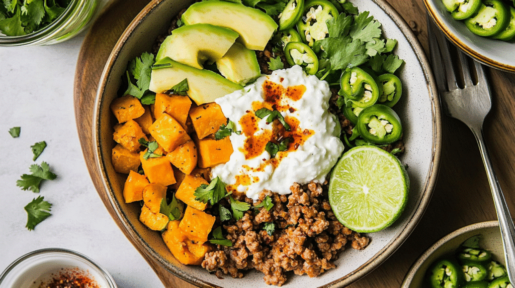 Sweet potato cottage cheese bowl with ground beef, cucumbers, jalapeños, and lime.