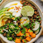 Sweet Potato Cottage Cheese Bowl: The Viral High-Protein Recipe You Need to Try 7 Sweet potato cottage cheese bowl with avocado, ground beef, lime, jalapeños, cucumber, and chili oil drizzle.
