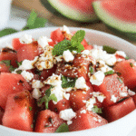 Watermelon Feta Balsamic Vinegar Salad: The Ultimate Sweet & Savory Summer Recipe 5 Close-up of a watermelon feta salad in a white bowl, garnished with fresh mint and drizzled with balsamic glaze.