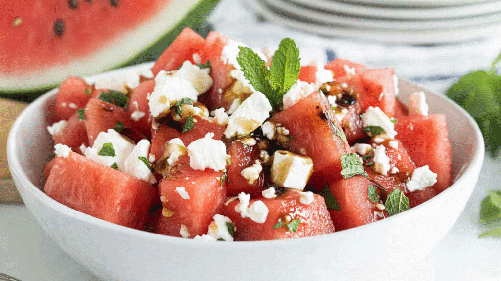 Watermelon Feta Balsamic Vinegar Salad: The Ultimate Sweet & Savory Summer Recipe 4 Fresh watermelon feta balsamic vinegar salad with mint in a white bowl.