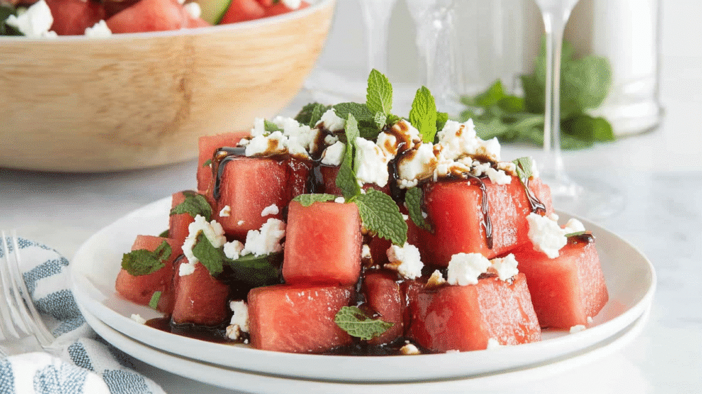 Watermelon Feta Balsamic Vinegar Salad: The Ultimate Sweet & Savory Summer Recipe 6 Side view of a watermelon feta balsamic salad served on stacked white plates with fresh mint and balsamic drizzle.