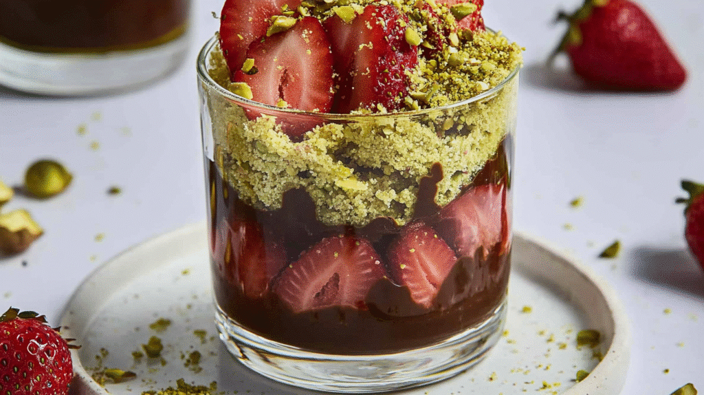 Dubai Chocolate Strawberry: The Viral Luxury Dessert That’s Taking Over Social Media 6 Glass cup dessert with layers of chocolate, strawberries, and pistachio kunafa.