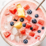 Hwachae Recipe: The Ultimate Korean Summer Punch Guide 5 A glass bowl of Korean hwachae fruit punch filled with pink milky soda, watermelon cubes, blueberries, pineapple chunks, and ice.