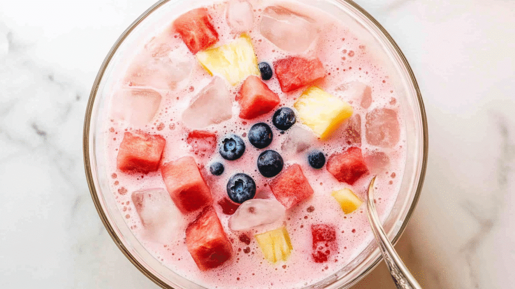 Hwachae Recipe: The Ultimate Korean Summer Punch Guide 6 Overhead view of a glass bowl filled with Korean hwachae Recipe, pink milk soda with watermelon, berries, and ice cubes.