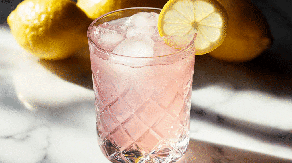 What Is the Pink Salt Recipe for Weight Loss? The Detox Guide That Actually Works 7 The pink salt detox drink in a crystal glass with a lemon slice, placed on a marble surface with whole lemons in the background.