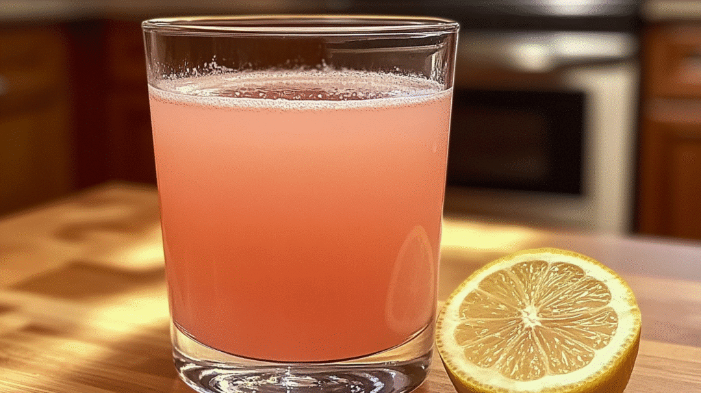 The Pink Salt Trick Recipe: Does This Viral Weight Loss Hack Really Work? 6 The Pink Salt Trick Recipe in a clear glass with half a lemon on a wooden kitchen counter.