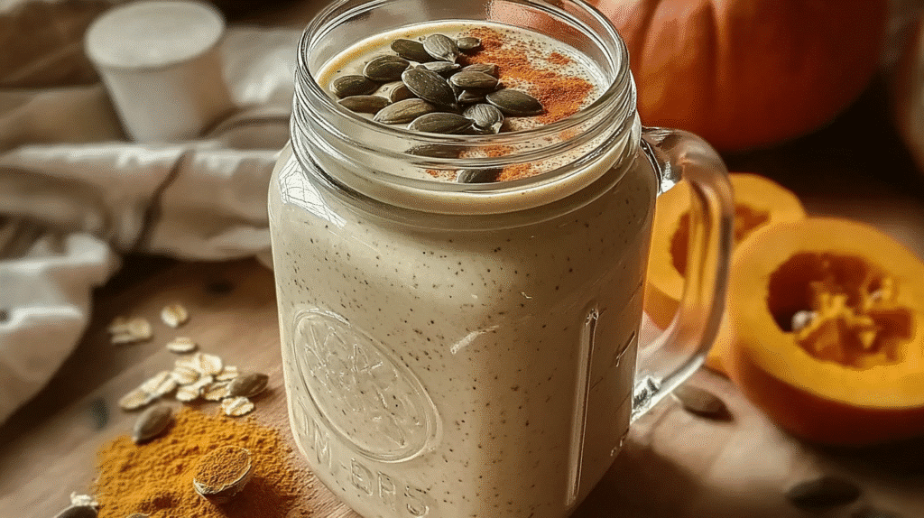 Bariatric Pumpkin Seed Recipe in a mason jar topped with pumpkin seeds, surrounded by oats and turmeric with fresh pumpkin in the background.