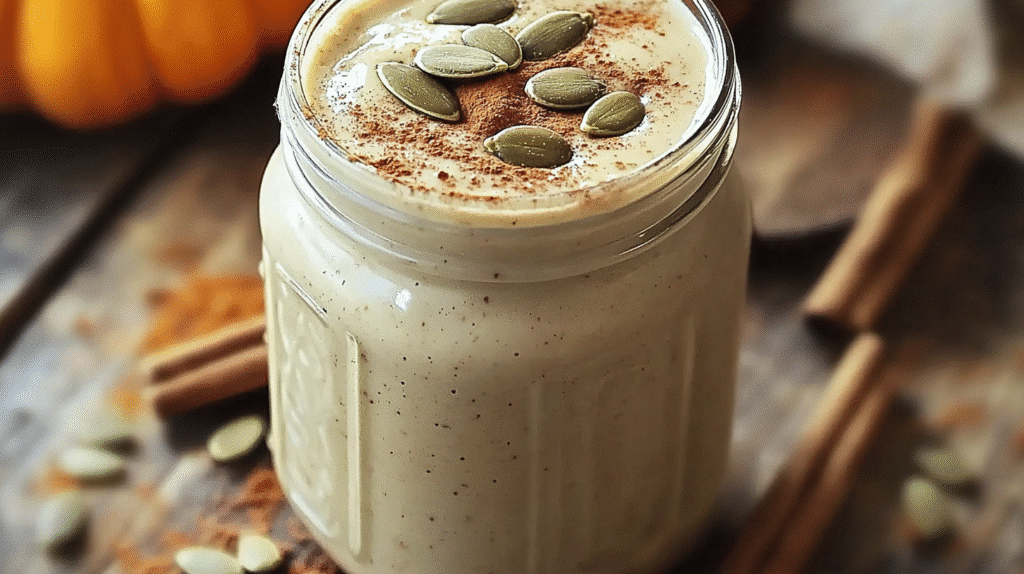 Creamy pumpkin seed recipe in a mason jar, topped with cinnamon and seeds, on a rustic wood table with autumn decor.