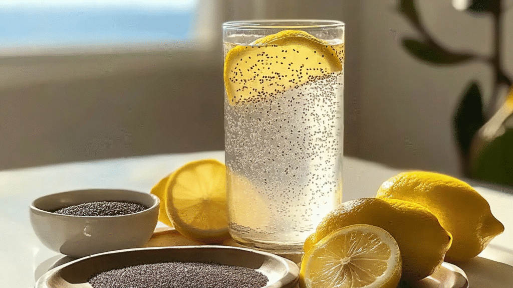 Bariatric Seed Tonic Recipe for Weight Loss: The Natural Slimming Drink That Works 4 Glass of bariatric seed tonic with lemon slices and chia seeds on a tray with fresh lemons and chia bowl.