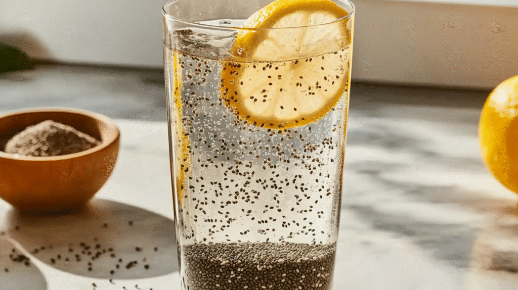 Bariatric Seed Tonic Recipe for Weight Loss: The Natural Slimming Drink That Works 6 A refreshing glass of bariatric seed tonic with lemon slice and soaked chia seeds, set on a sunlit marble surface with ingredients in the background.