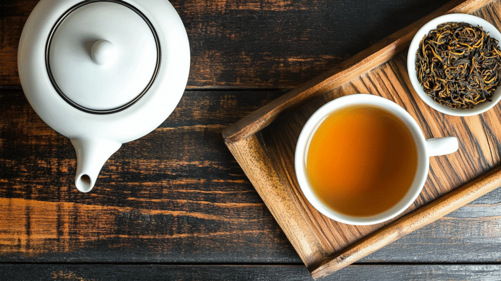 Japanese Green Tea Hojicha: The Ultimate Guide to This Roasted Delight 6 Top view of a white ceramic teapot and a cup of Japanese green tea hojicha on a wooden tray with loose roasted tea leaves.