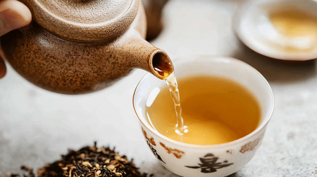 Japanese Green Tea Hojicha: The Ultimate Guide to This Roasted Delight 4 Close-up of Japanese Green Tea Hojicha being poured from a teapot into a white Japanese tea cup.