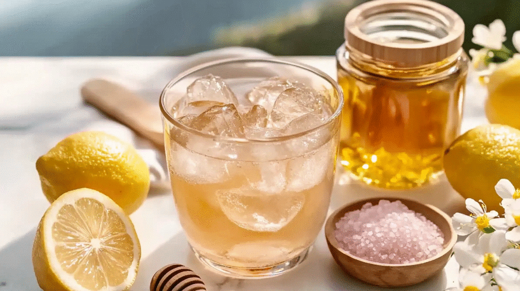 Japanese Pink Salt Recipe: The Natural Detox & Hydration Elixir 6 Japanese pink salt detox drink with lemon, honey, and Himalayan salt, served on a marble table.