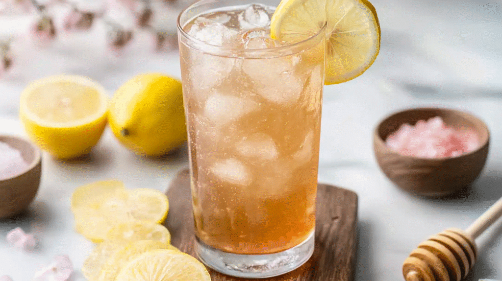 Japanese Pink Salt Recipe: The Natural Detox & Hydration Elixir 4 Glass of Japanese pink salt recipe drink with lemon slices and pink Himalayan salt on a marble background.