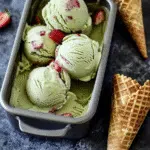 Loaf pan filled with scoops of matcha strawberry ice cream, garnished with fresh strawberries and waffle cones on a dark stone surface.