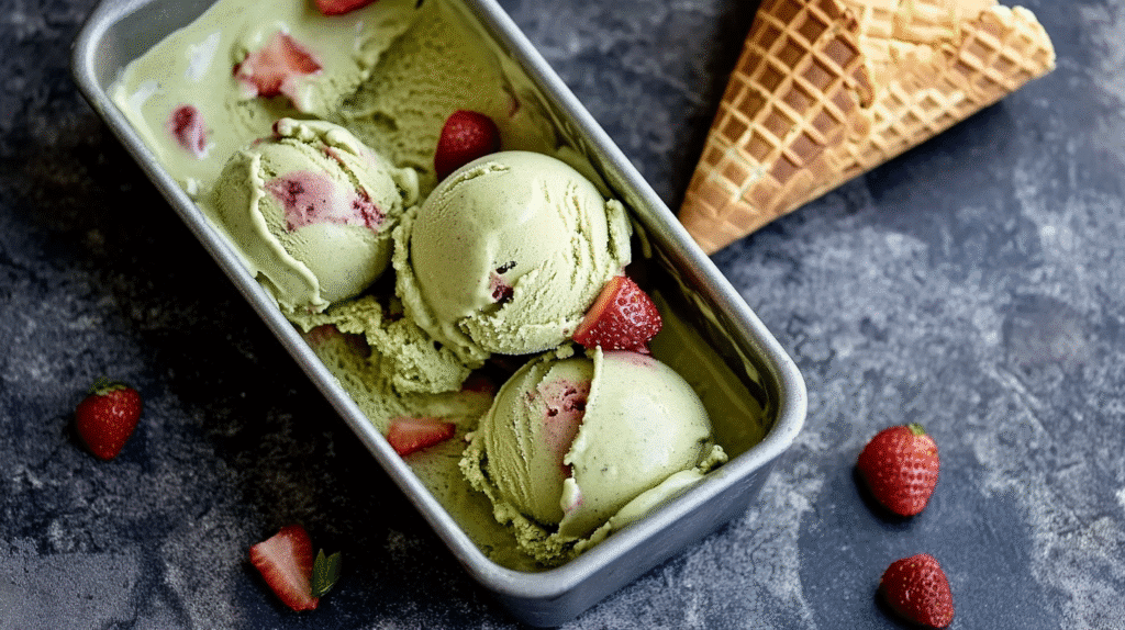 Matcha Strawberry Ice Cream: The Bold & Beautiful Homemade Treat 4 Melting matcha strawberry ice cream cone lying in a loaf pan with drips and visible berry chunks.