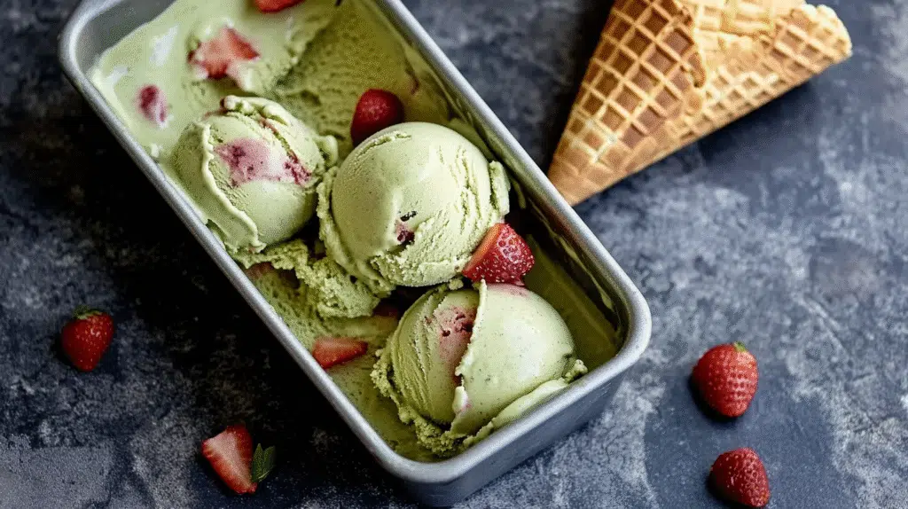 Melting matcha strawberry ice cream cone lying in a loaf pan with drips and visible berry chunks.