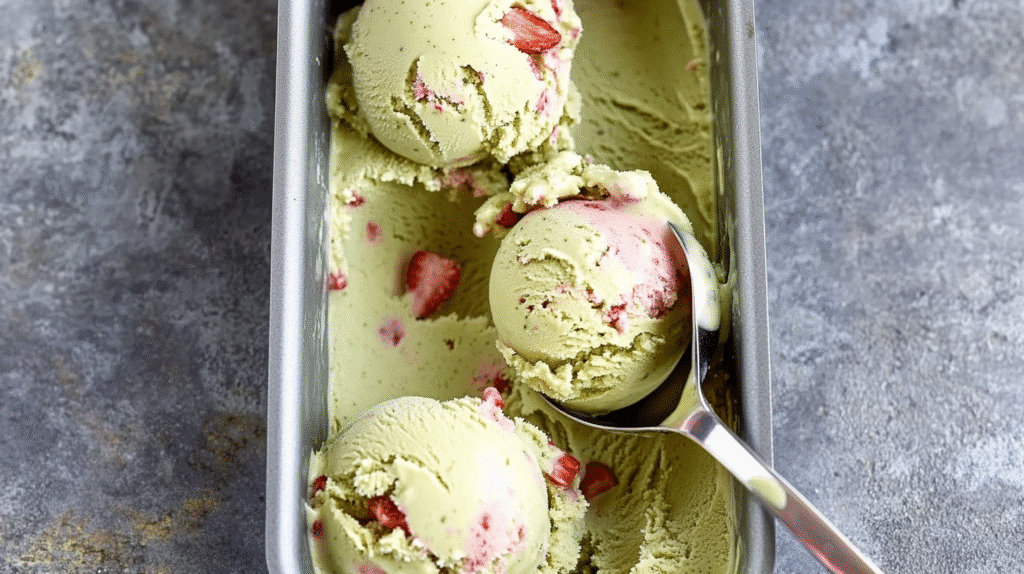 Matcha Strawberry Ice Cream: The Bold & Beautiful Homemade Treat 6 Creamy matcha strawberry ice cream scooped into a loaf pan with a stainless steel scoop on a stone surface.
