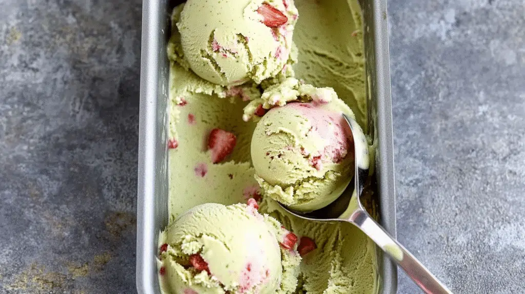 Creamy matcha strawberry ice cream scooped into a loaf pan with a stainless steel scoop on a stone surface.