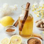 Natural Ozempic Juice: The Best Natural Alternative for Weight Loss in 2025 4 Natural Ozempic juice ingredients including apple cider vinegar, lemon, ginger, and cinnamon on a marble counter.