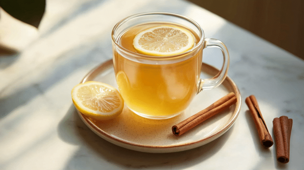 Natural Ozempic Juice: The Best Natural Alternative for Weight Loss in 2025 3 Clear glass mug filled with golden natural Ozempic juice topped with a lemon slice, next to cinnamon sticks on a white marble table.