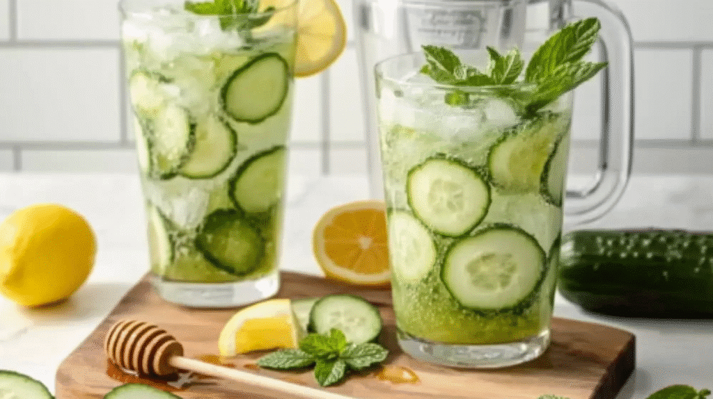 What Is the Natural Zepbound Recipe? Discover the Detox Drink Taking Over 2025 6 Two glasses of detox Zepbound drink with cucumber slices, mint, lemon, and ice on a wooden board with honey dipper and fresh lemons.