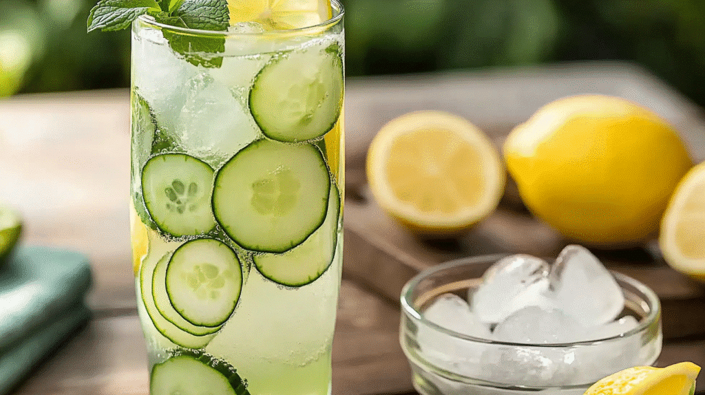 What Is the Natural Zepbound Recipe? Discover the Detox Drink Taking Over 2025 4 A tall glass of natural zepbound recipe with cucumber slices, lemon, fresh mint, and ice cubes on a wooden table.