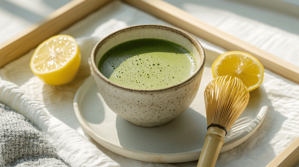 What Is the Japanese Mounjaro Recipe? Uncover Japan's Secret Drink for Natural Weight Loss 6 A ceramic bowl of green matcha tea with lemon halves and a bamboo whisk on a white tray.