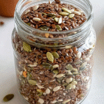 Bariatric Seeds: The Natural Secret to Sustainable Weight Loss 5 Glass jar filled with a variety of bariatric seeds including flax, pumpkin, sunflower, and sesame on a white kitchen counter.