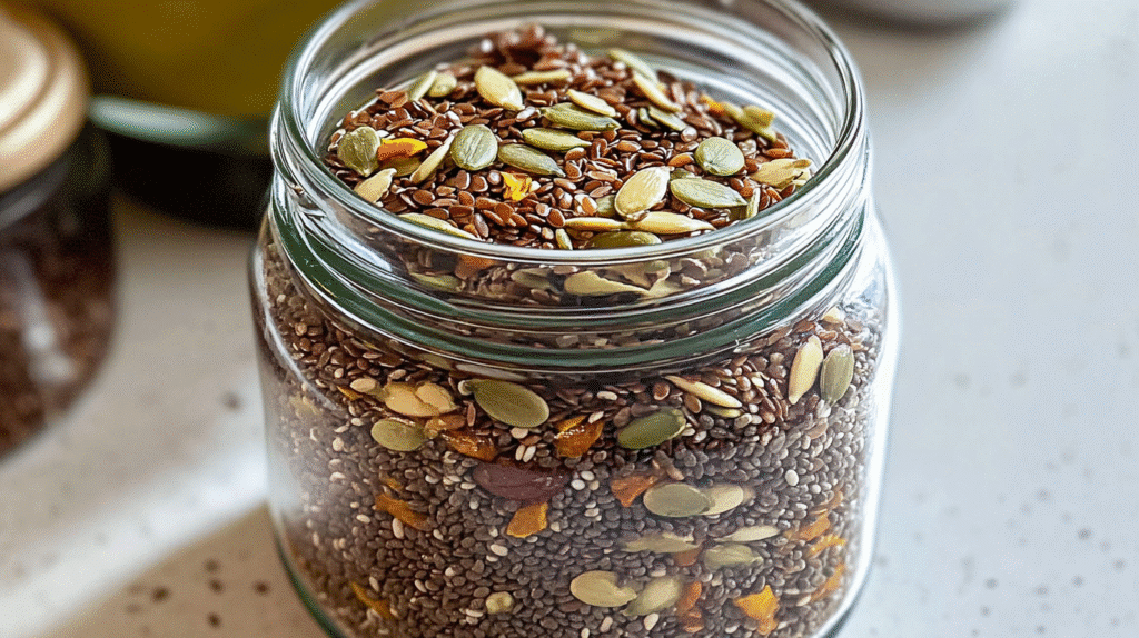 Bariatric Seeds: The Natural Secret to Sustainable Weight Loss 4 Glass jar filled with a colorful mix of bariatric seeds, including chia, flax, pumpkin, and sunflower.