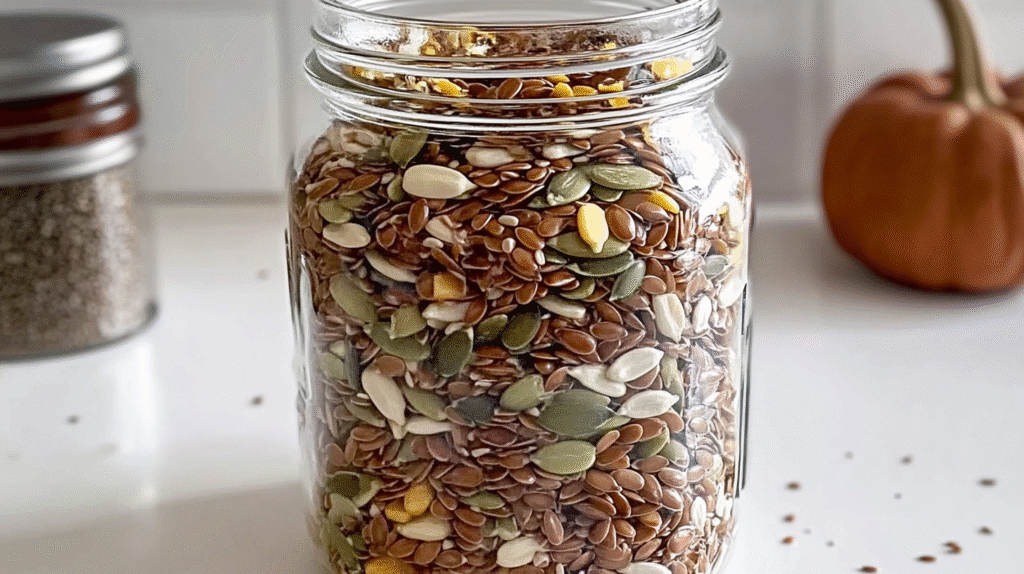 Bariatric Seeds: The Natural Secret to Sustainable Weight Loss 6 Glass jar filled with a mix of bariatric seeds: flaxseeds, pumpkin seeds, and sunflower seeds, placed on a white kitchen counter.