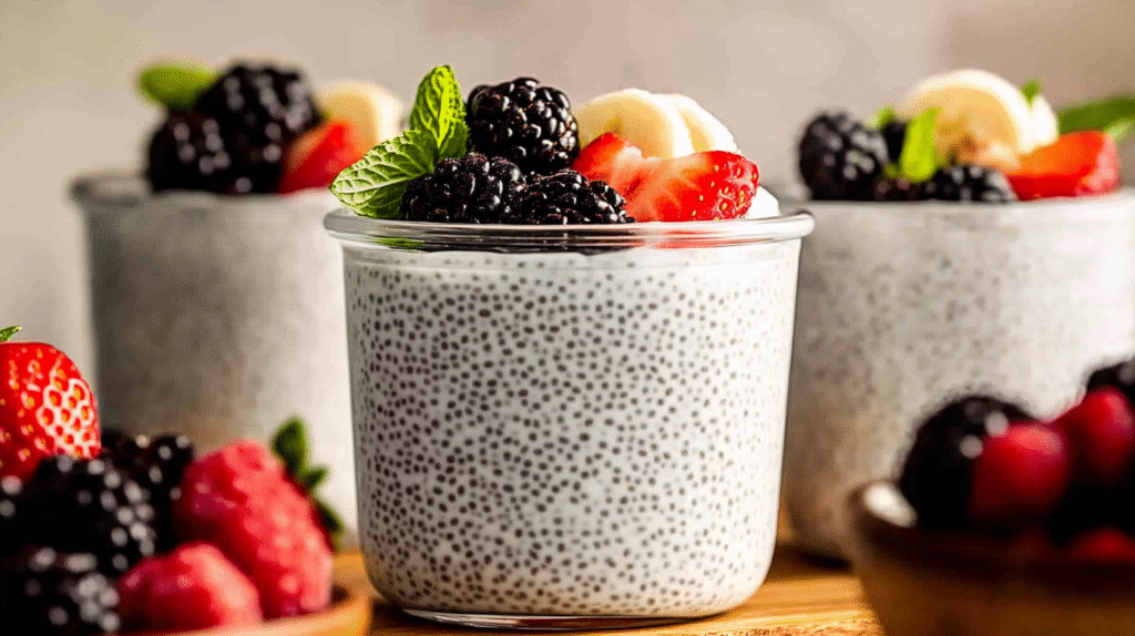 Glass jars of creamy chia seed yogurt topped with blackberries, strawberries, and banana slices on a wooden board.