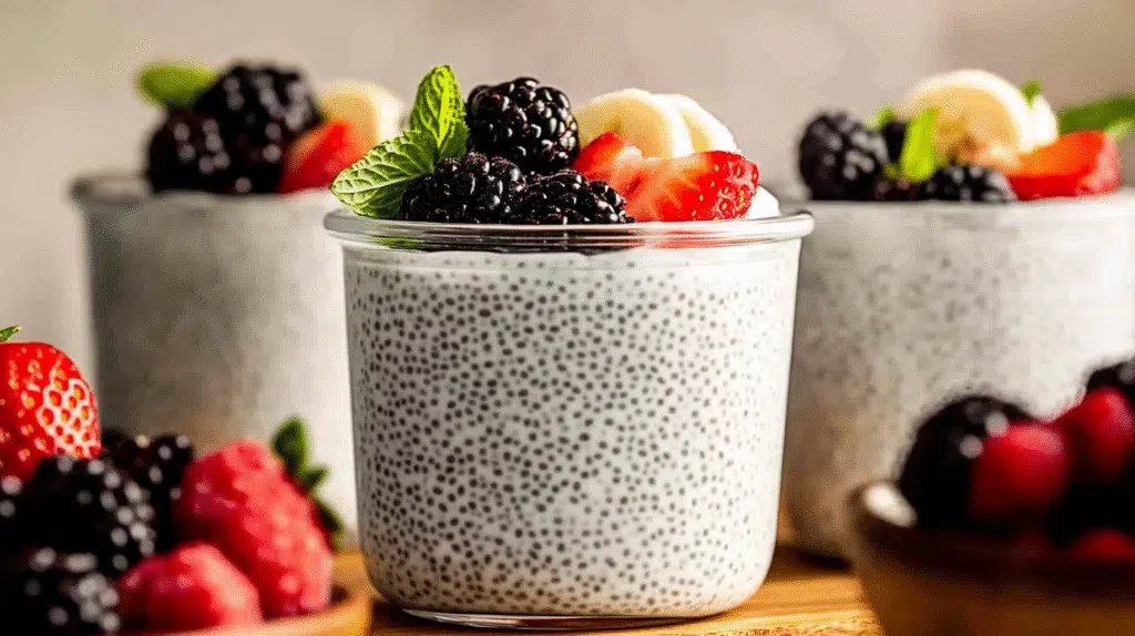 How to Make Chia Seed Yogurt: The Ultimate Guide to a Healthy Snack 6 Glass jars of creamy chia seed yogurt topped with blackberries, strawberries, and banana slices on a wooden board.