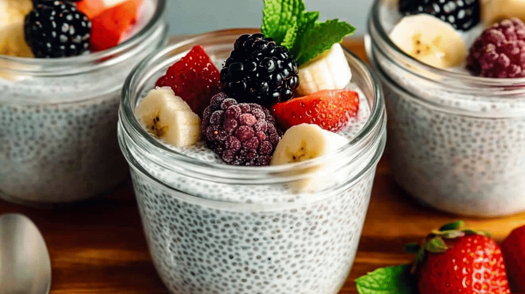 Creamy chia seed yogurt in glass jars topped with blackberries, strawberries, and banana slices on a wooden board.