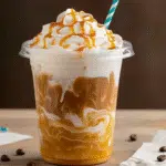 Iced coffee with caramel swirls, topped with whipped cream and caramel drizzle in a clear cup with a striped straw.
