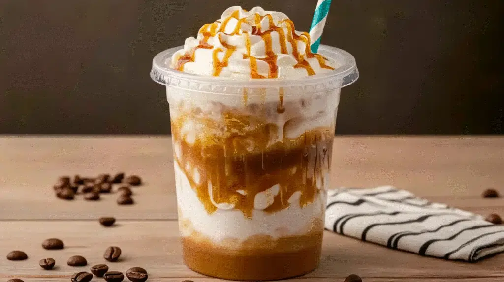 A large clear bucket of iced coffee with milk swirls, topped with whipped cream and caramel drizzle, on a wooden table.