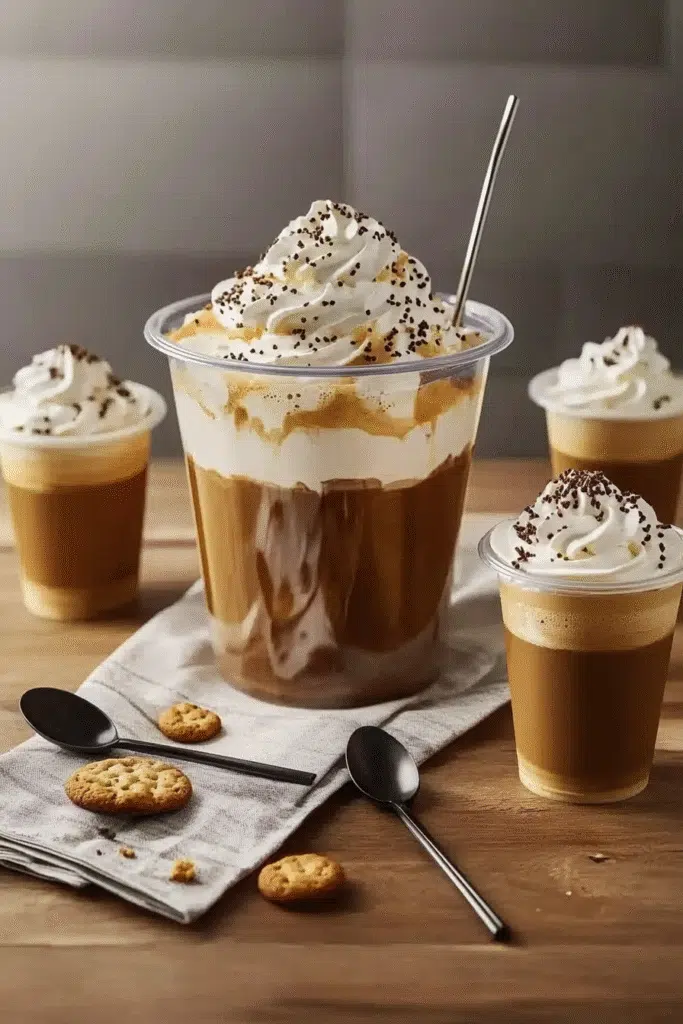A coffee bucket topped with whipped cream and sprinkles, surrounded by smaller iced coffee cups on a wooden counter.