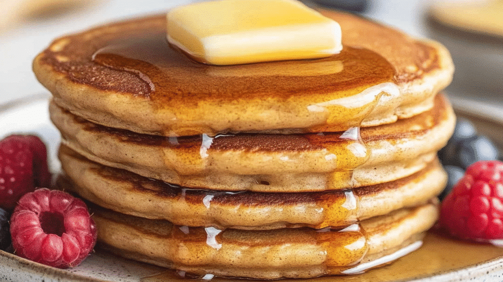 Cottage Cheese Oats Pancakes: The High-Protein Breakfast You Didn’t Know You Needed 4 Stack of golden cottage cheese oat pancakes with butter on top, served on a ceramic plate.