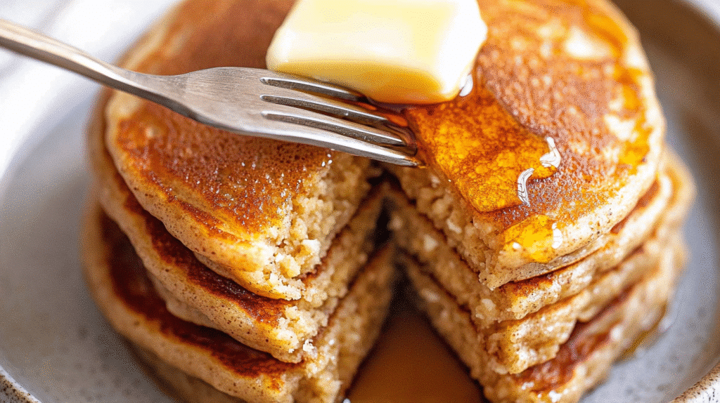 Cottage Cheese Oats Pancakes: The High-Protein Breakfast You Didn’t Know You Needed 6 Close-up of sliced cottage cheese oats pancakes showing fluffy, moist texture with syrup and butter.
