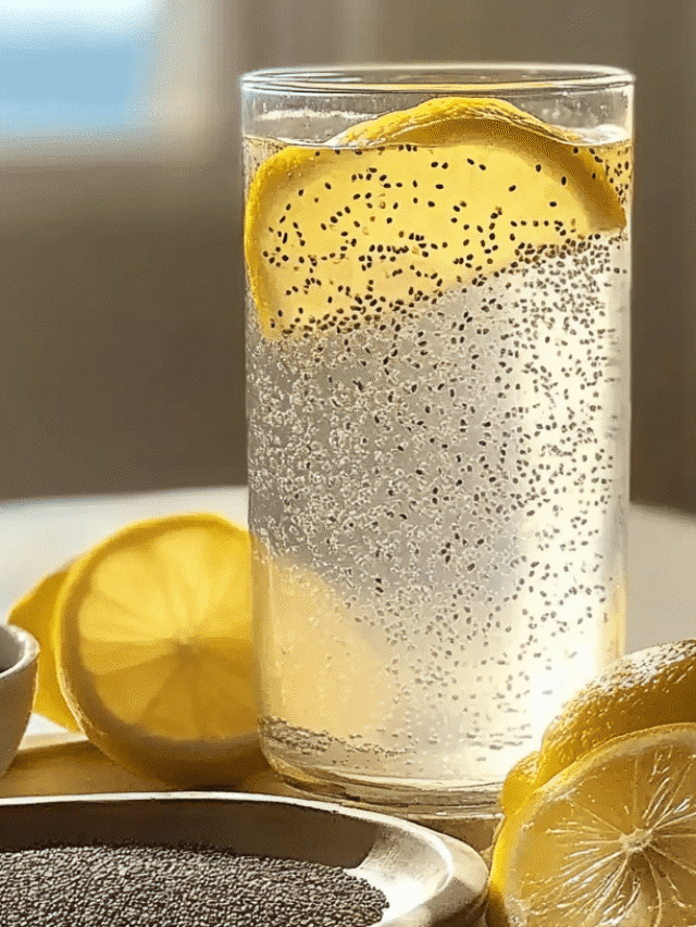 The Ultimate Guide to Weight Loss & Detox Drinks 4 Glass of bariatric seed tonic with lemon slices and chia seeds with fresh lemons and chia bowl.