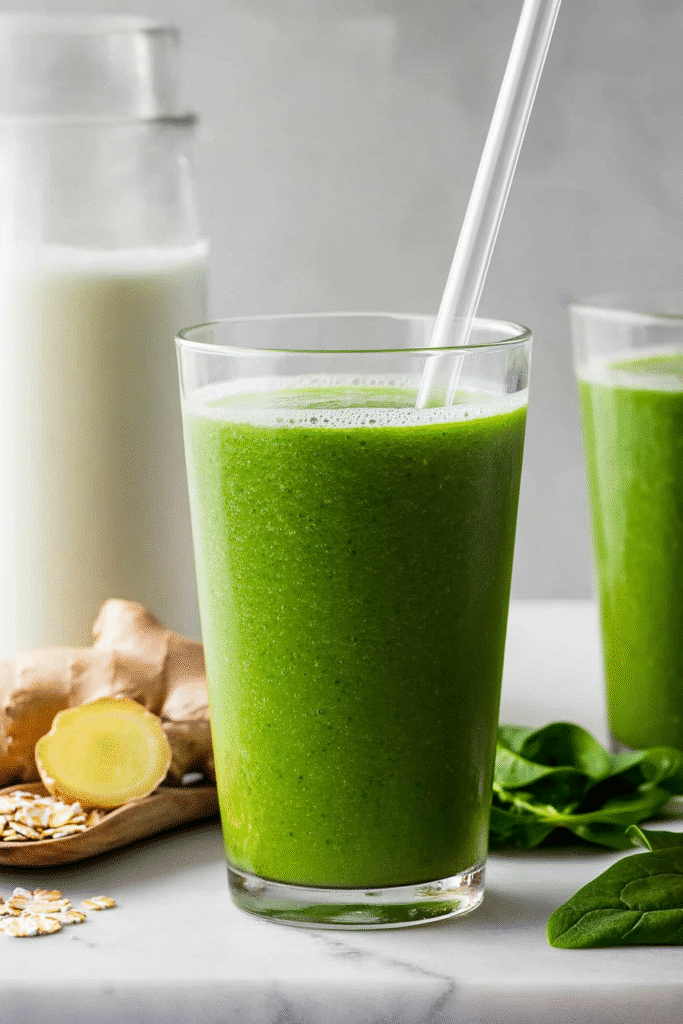 Detox Island Green Smoothie: The Best Tropical Cleanse for a Healthier You 6 Glass of Detox Island Green Smoothie on a white surface.